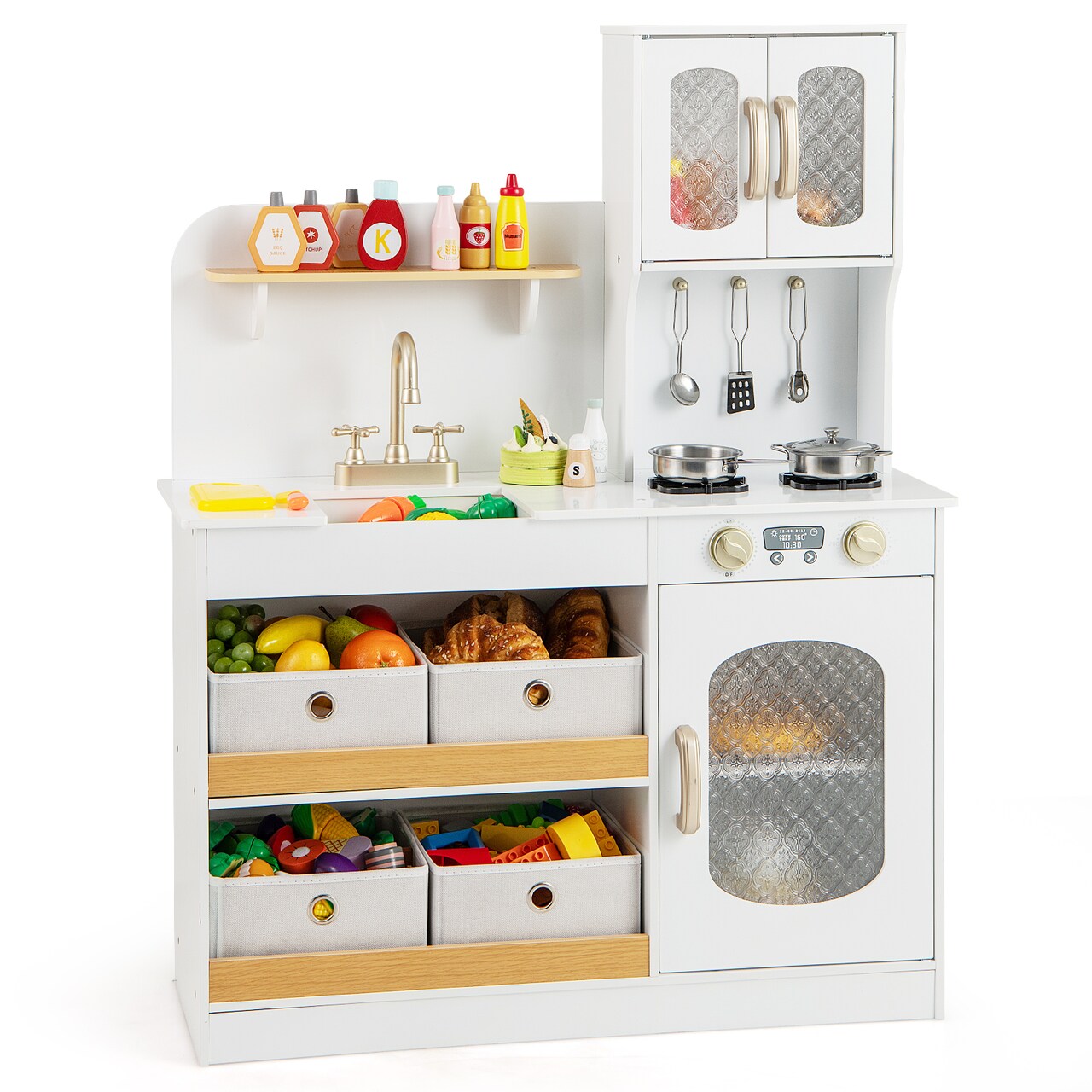 Plastic Kids Kitchen Playset with Cooking Accessories and Toy Cut table Veggies